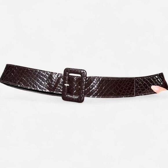 Brown Faux Leather Snakeskin Belt with Chunky Buckle - Picture 2 of 6